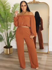 Off Shoulder Cropped Flap Pockets Pant Sets