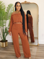 Off Shoulder Cropped Flap Pockets Pant Sets