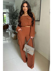 Off Shoulder Cropped Flap Pockets Pant Sets