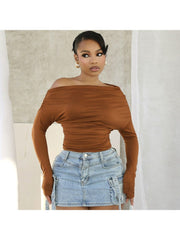 Plain Color Ruched Off Shoulder Tops