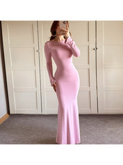 Reversible Plain Fitted Long Sleeves Maxi Dress