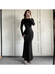 Reversible Plain Fitted Long Sleeves Maxi Dress