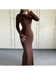 Reversible Plain Fitted Long Sleeves Maxi Dress