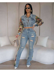 Flower Denim Jacket Ripped Jeans Sets