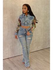 Flower Denim Jacket Ripped Jeans Sets