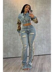 Flower Denim Jacket Ripped Jeans Sets