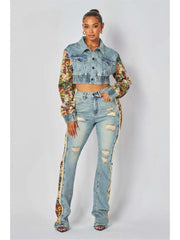 Flower Denim Jacket Ripped Jeans Sets