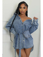 Denim Buckle Patchwork Lapel Mini Dress