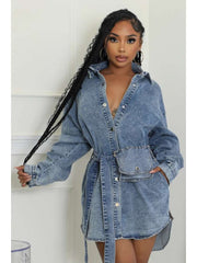 Denim Buckle Patchwork Lapel Mini Dress