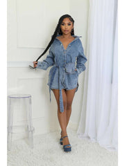 Denim Buckle Patchwork Lapel Mini Dress