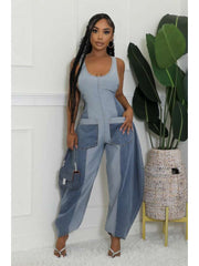 Colorblock Denim Loose Overalls Jumpsuits