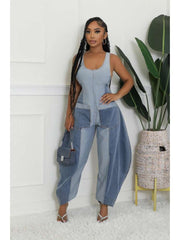 Colorblock Denim Loose Overalls Jumpsuits