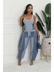 Colorblock Denim Loose Overalls Jumpsuits