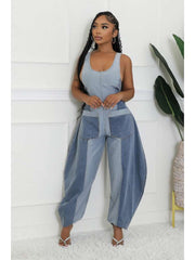 Colorblock Denim Loose Overalls Jumpsuits