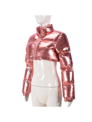 Solid Metallic High Waist Long Sleeve Short Coat