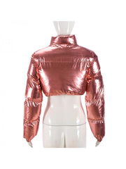 Solid Metallic High Waist Long Sleeve Short Coat