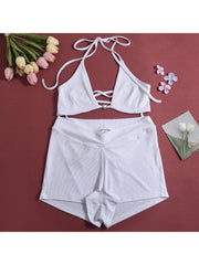 White V Neck Long Sleeve Cropped 3pcs Pant Sets