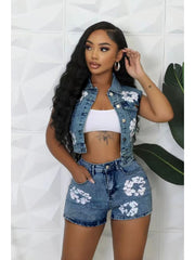 Floral Print Denim Cropped Vest Short Sets