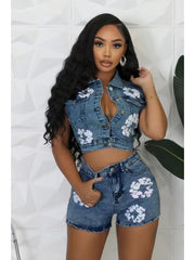 Floral Print Denim Cropped Vest Short Sets