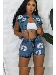 Floral Print Denim Cropped Vest Short Sets