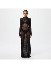 Lace Sheer Fitted Long Sleeves Maxi Dress