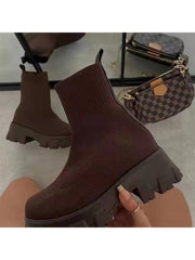 Solid Knitted Round Toe Chunky Heels Boot