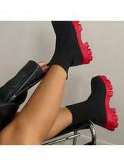 Solid Knitted Round Toe Chunky Heels Boot