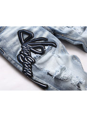 Embroidery Applique Denim Fitted Jeans