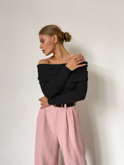 Plain Color Ruched Off Shoulder Pullover