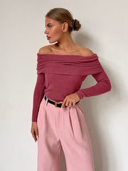 Plain Color Ruched Off Shoulder Pullover