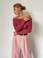 Plain Color Ruched Off Shoulder Pullover