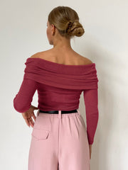 Plain Color Ruched Off Shoulder Pullover