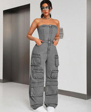 Denim Multi Pocket Strapless Cargo Jumpsuits