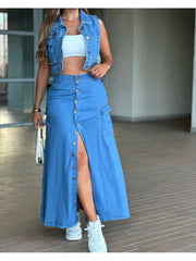 Denim Buckle Split Hem High Rise Skirts