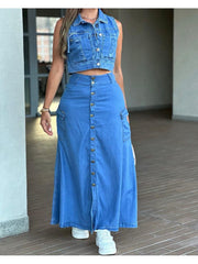 Denim Buckle Split Hem High Rise Skirts