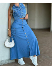 Denim Buckle Split Hem High Rise Skirts