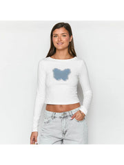 Butterfly Raged Hem Patch Fitted Tops