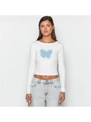 Butterfly Raged Hem Patch Fitted Tops