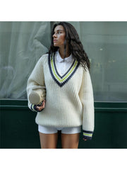 Knitted Colorblock Striped Trim V Neck Sweater