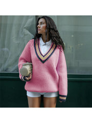 Knitted Colorblock Striped Trim V Neck Sweater