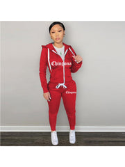 Letter Printed Zipper Hooded Pant Sets