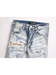 Patchwork Ripped Straight Mid-rise Jeans