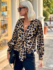 Leopard Print V Neck Lace Up Shirt