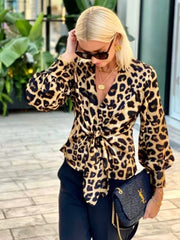 Leopard Print V Neck Lace Up Shirt