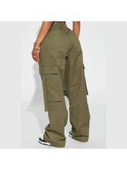 Plain Color Wide Leg Cargo Pocket Pants