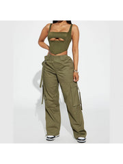 Plain Color Wide Leg Cargo Pocket Pants