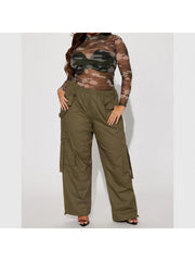 Plain Color Wide Leg Cargo Pocket Pants