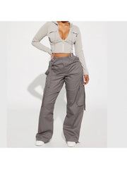 Plain Color Wide Leg Cargo Pocket Pants