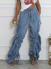 Denim Ruched Drawstring Multi Pocket Jeans