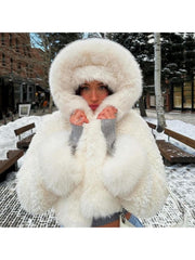 Fur Patchwork Hooded Fluff Loose Coats